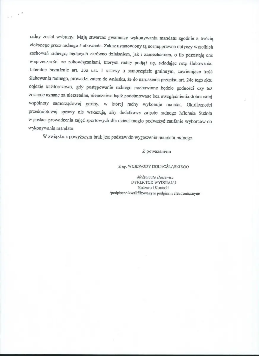 Odpowiedź od Wojewody Dolnośląskiego.