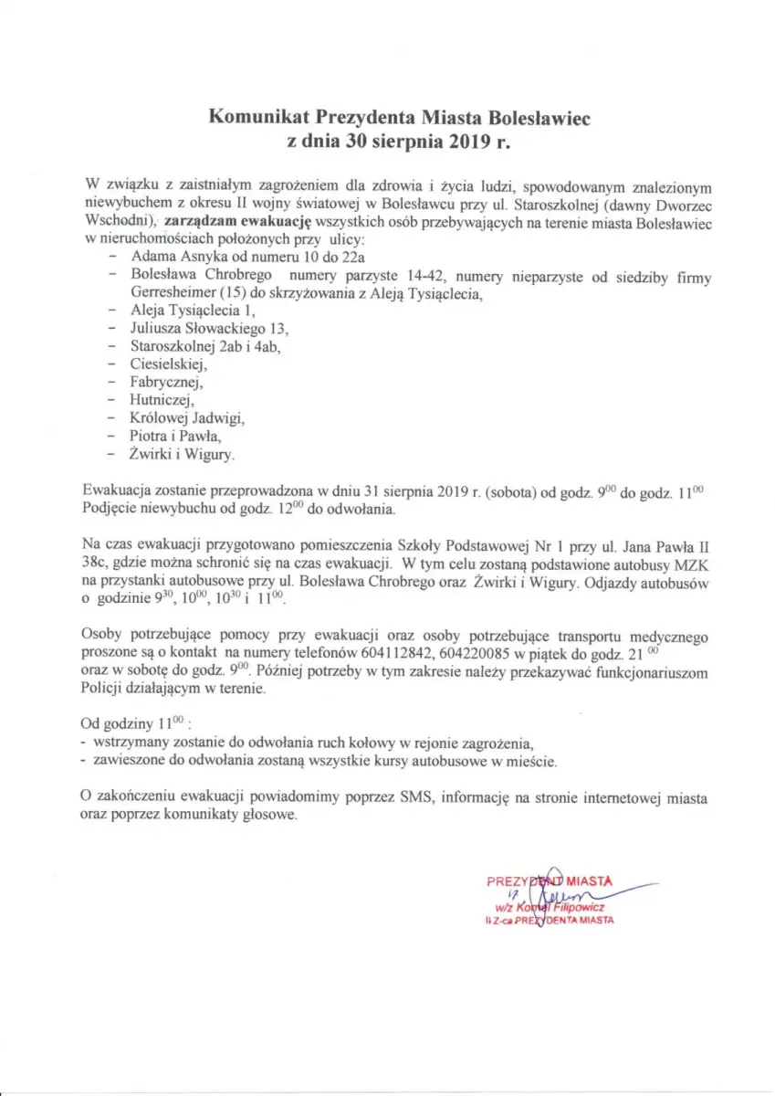 Konunikat o ewakuacji ludności