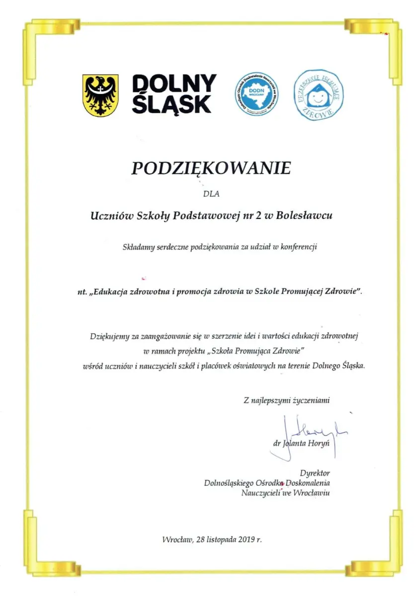Certyfikaty dla Szkoły Podstawowej nr 2 w Bolesławcu