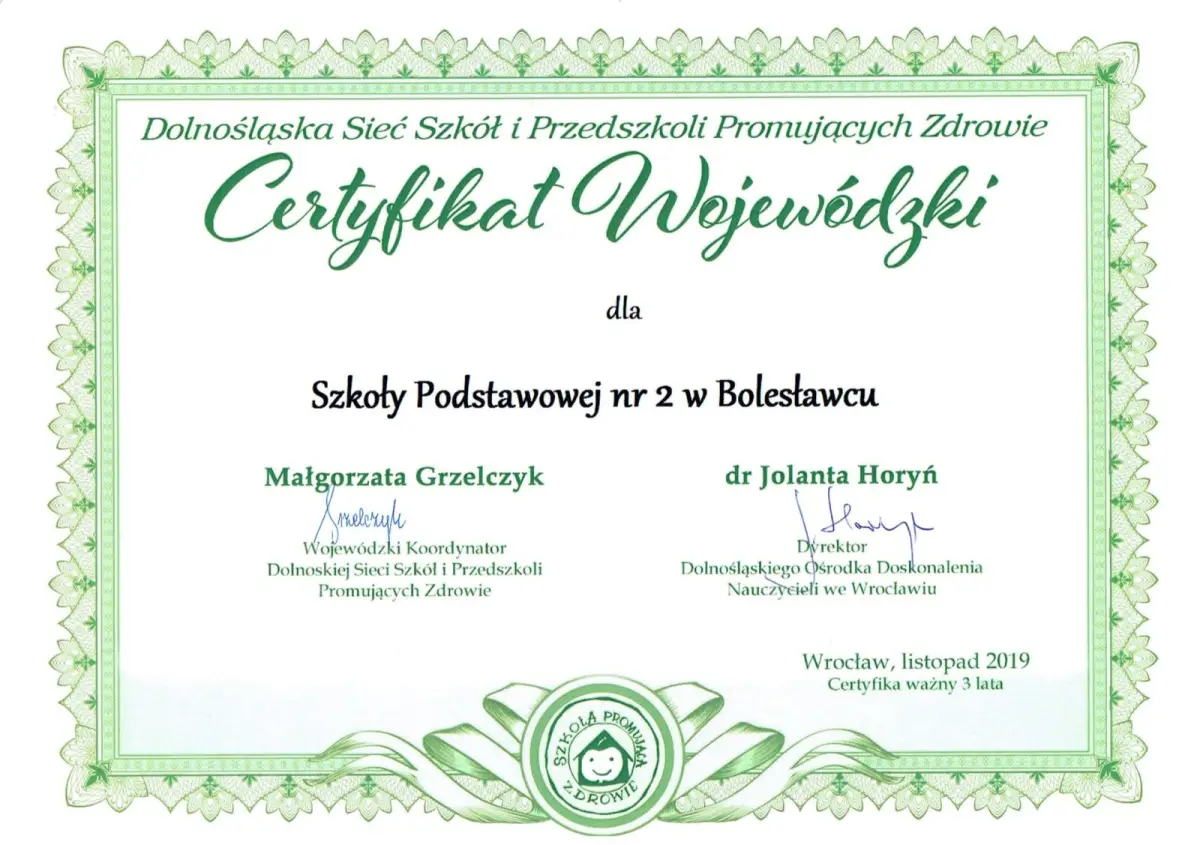 Certyfikaty dla Szkoły Podstawowej nr 2 w Bolesławcu