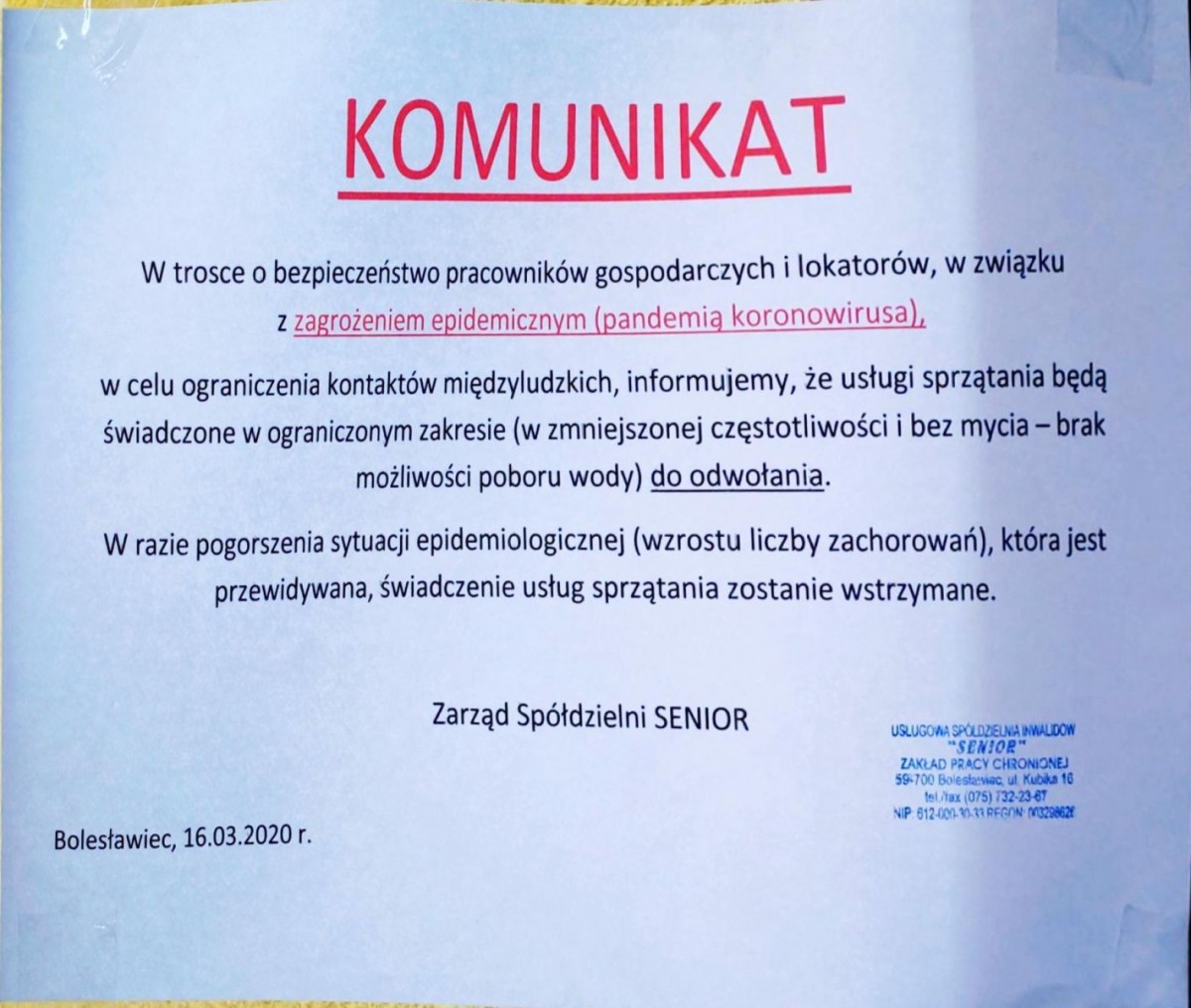 Komunikaty Zarządu Spółdzielni SENIOR na klatkach