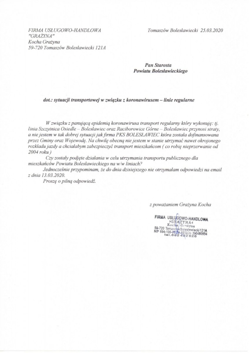 Pisma Grażyny Kochy, właścicielki F.U.H. Grażyna, do lokalnych samorządowców