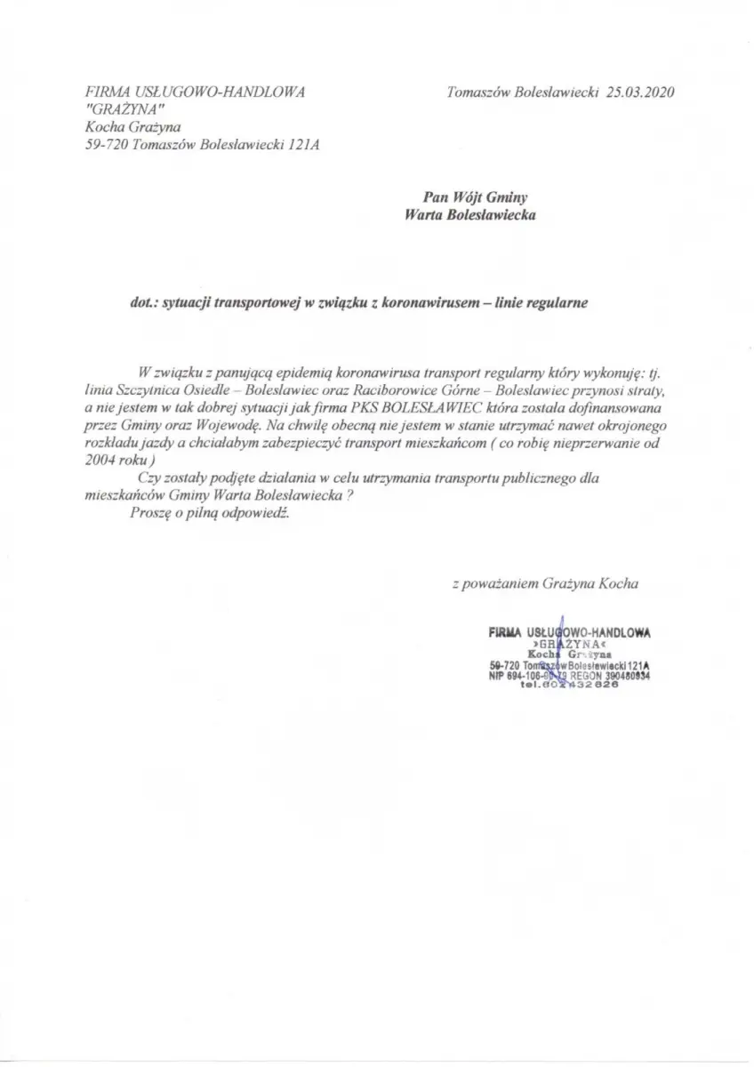 Pisma Grażyny Kochy, właścicielki F.U.H. Grażyna, do lokalnych samorządowców