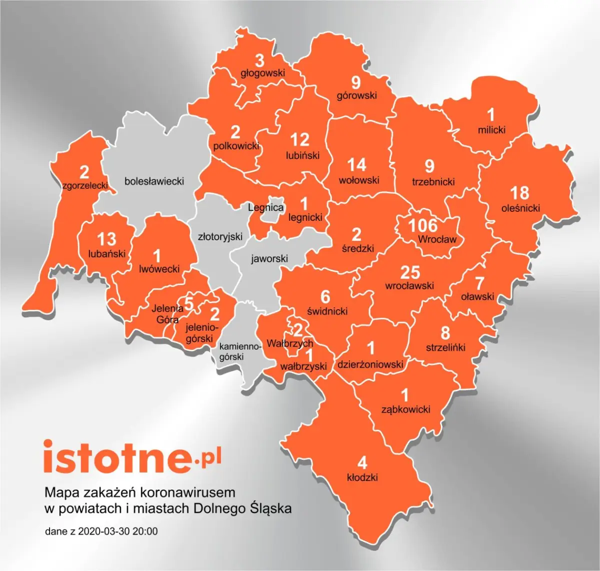 Mapa zakażeń koronowirusem w powiatach i miastach Dolnego Śląska