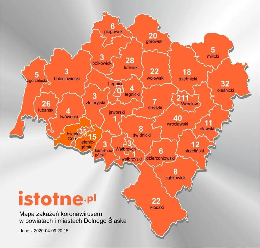 Mapa zakażeń koronawirusem na Dolnym Śląsku, 9 kwietnia 2020 r.