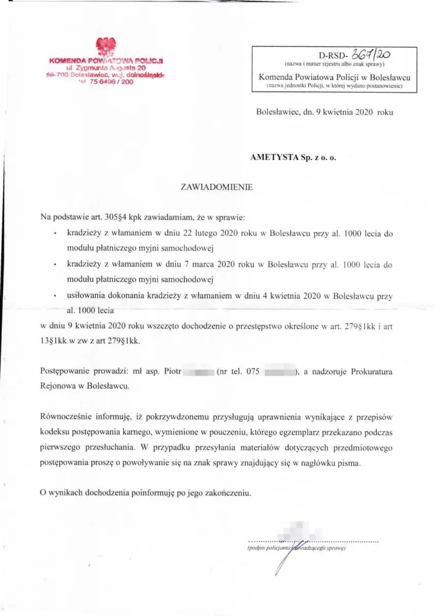 Dokument dotyczący kradzieży