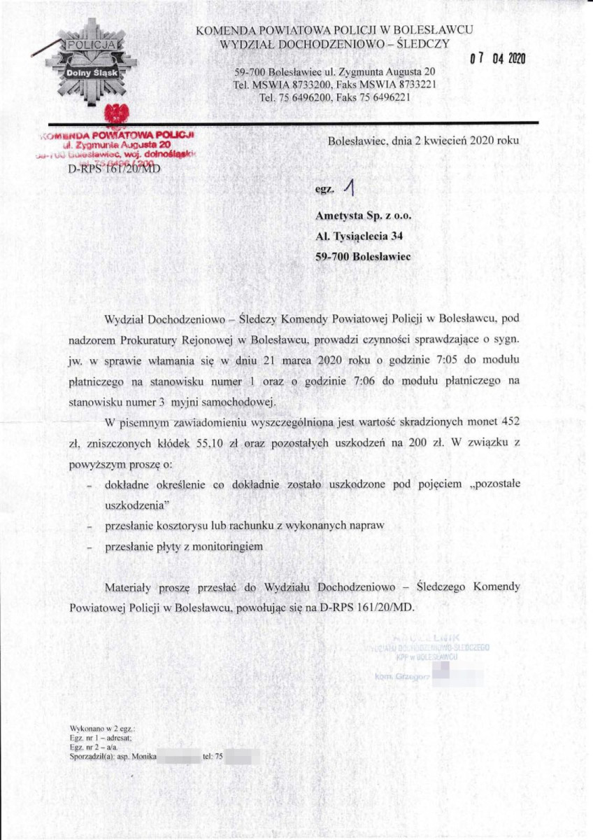 Dokument dotyczący kradzieży