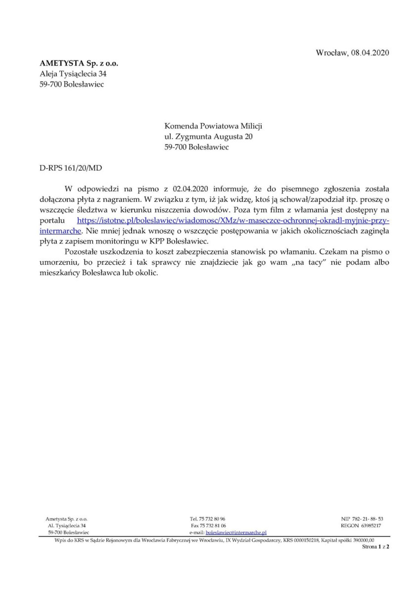 Dokument dotyczący kradzieży