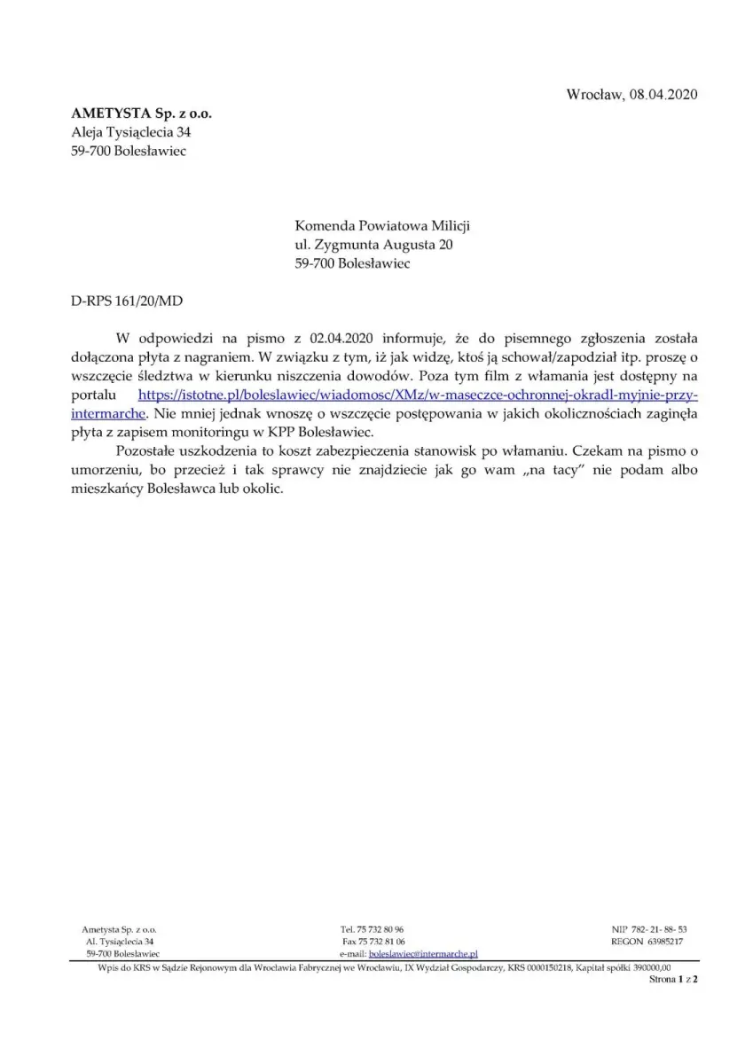 Dokument dotyczący kradzieży
