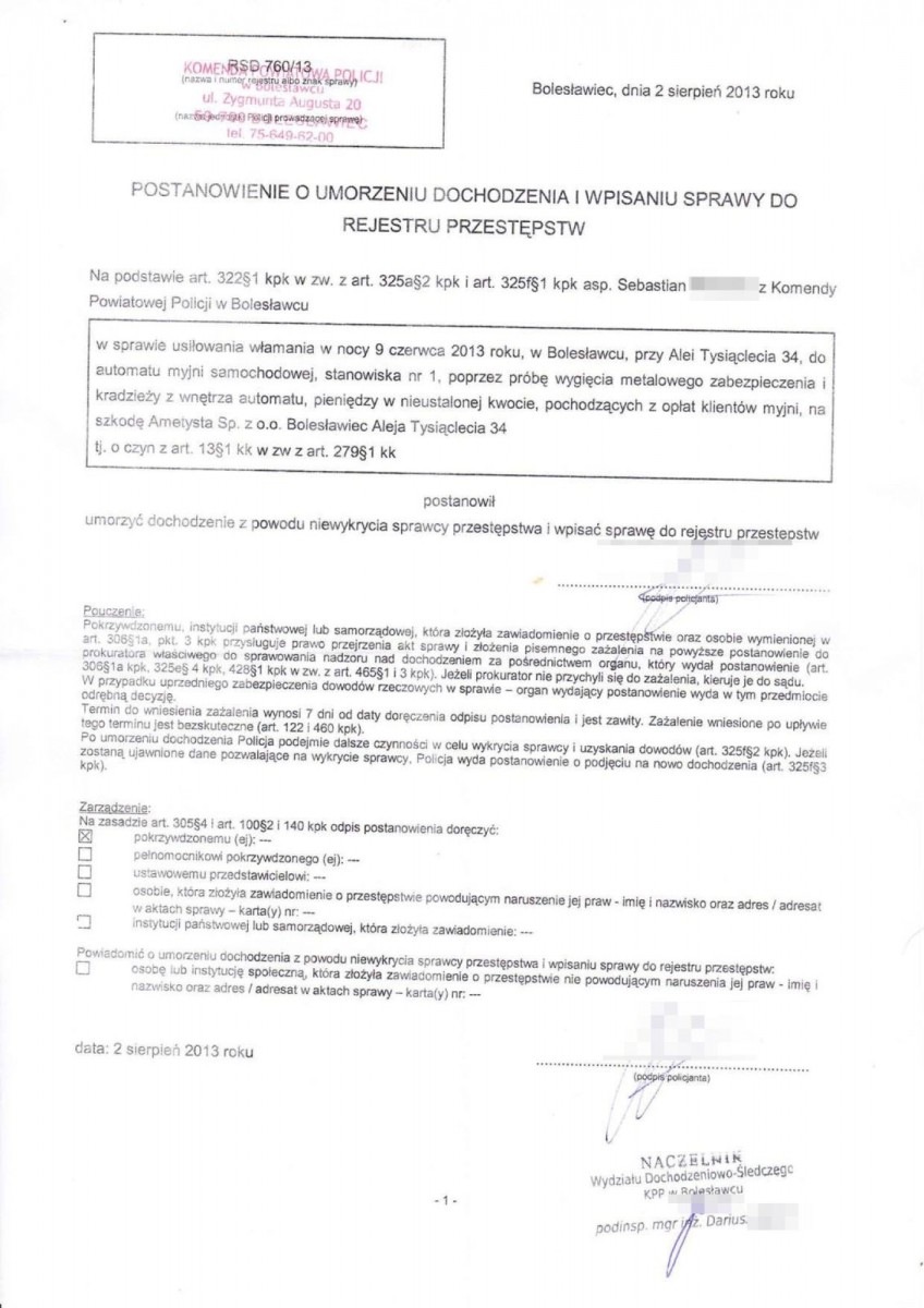 Dokument dotyczący kradzieży