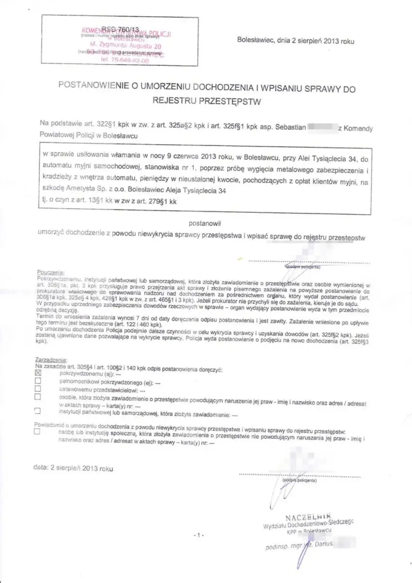 Dokument dotyczący kradzieży
