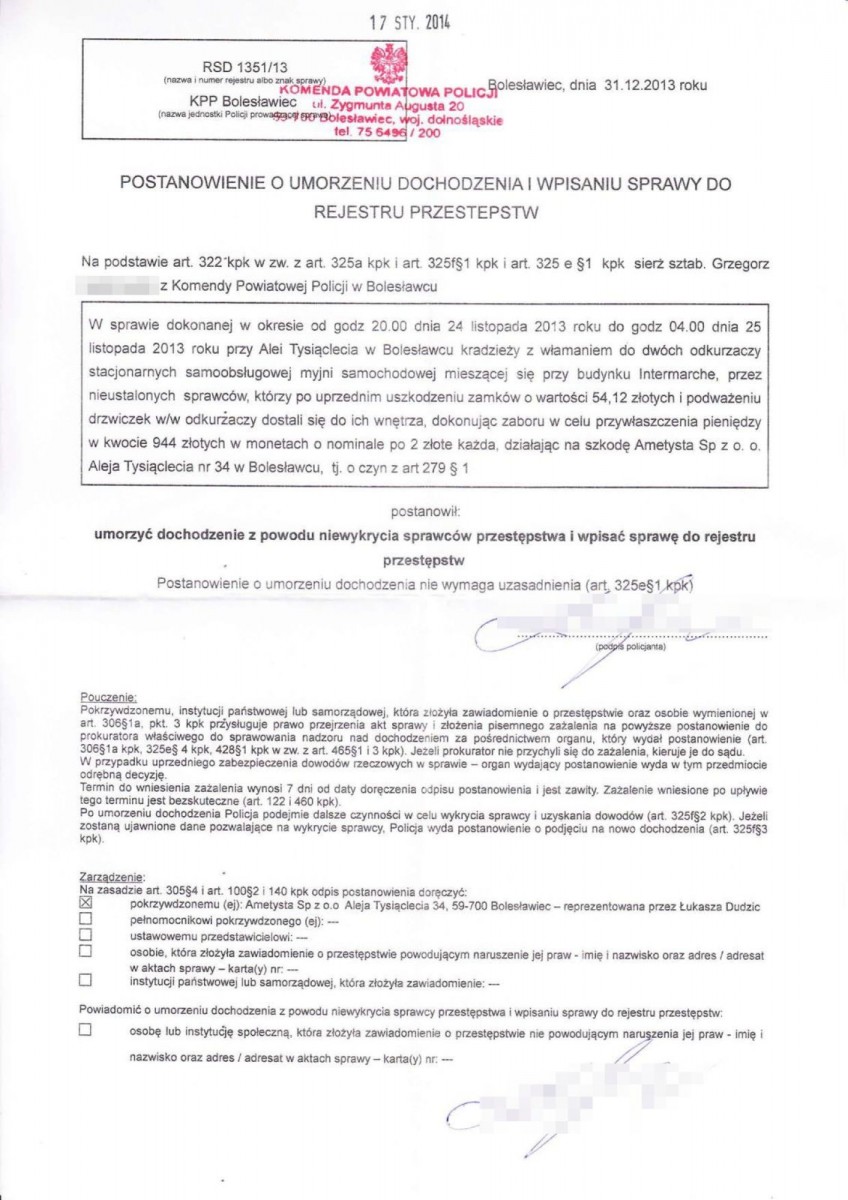 Dokument dotyczący kradzieży