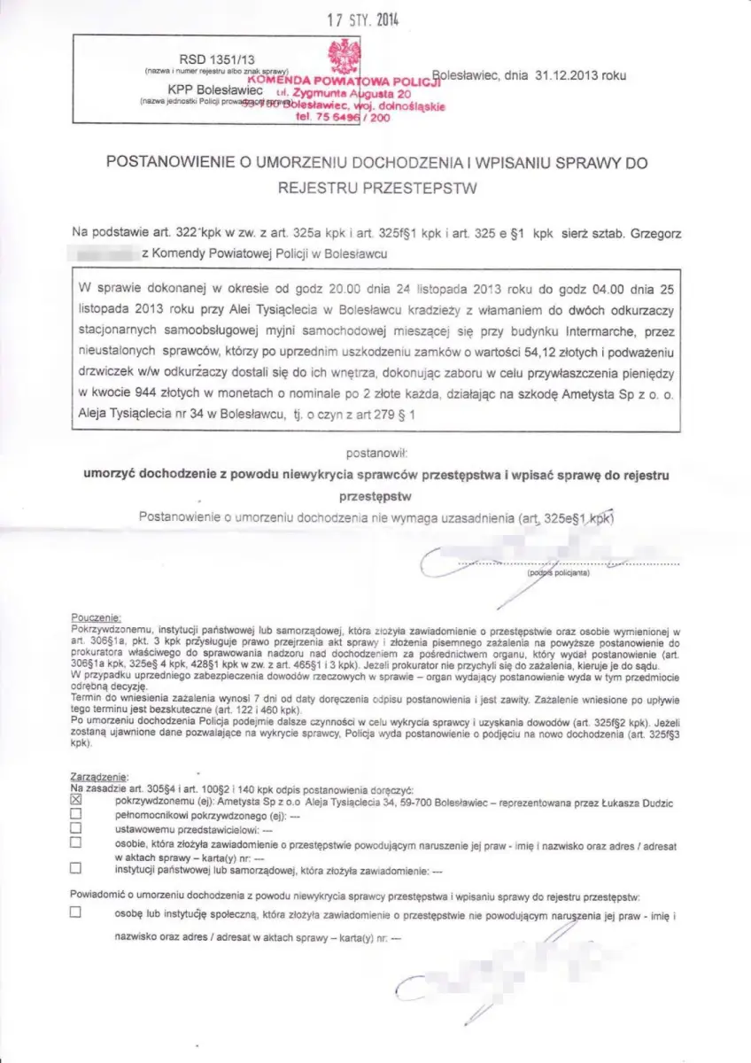 Dokument dotyczący kradzieży