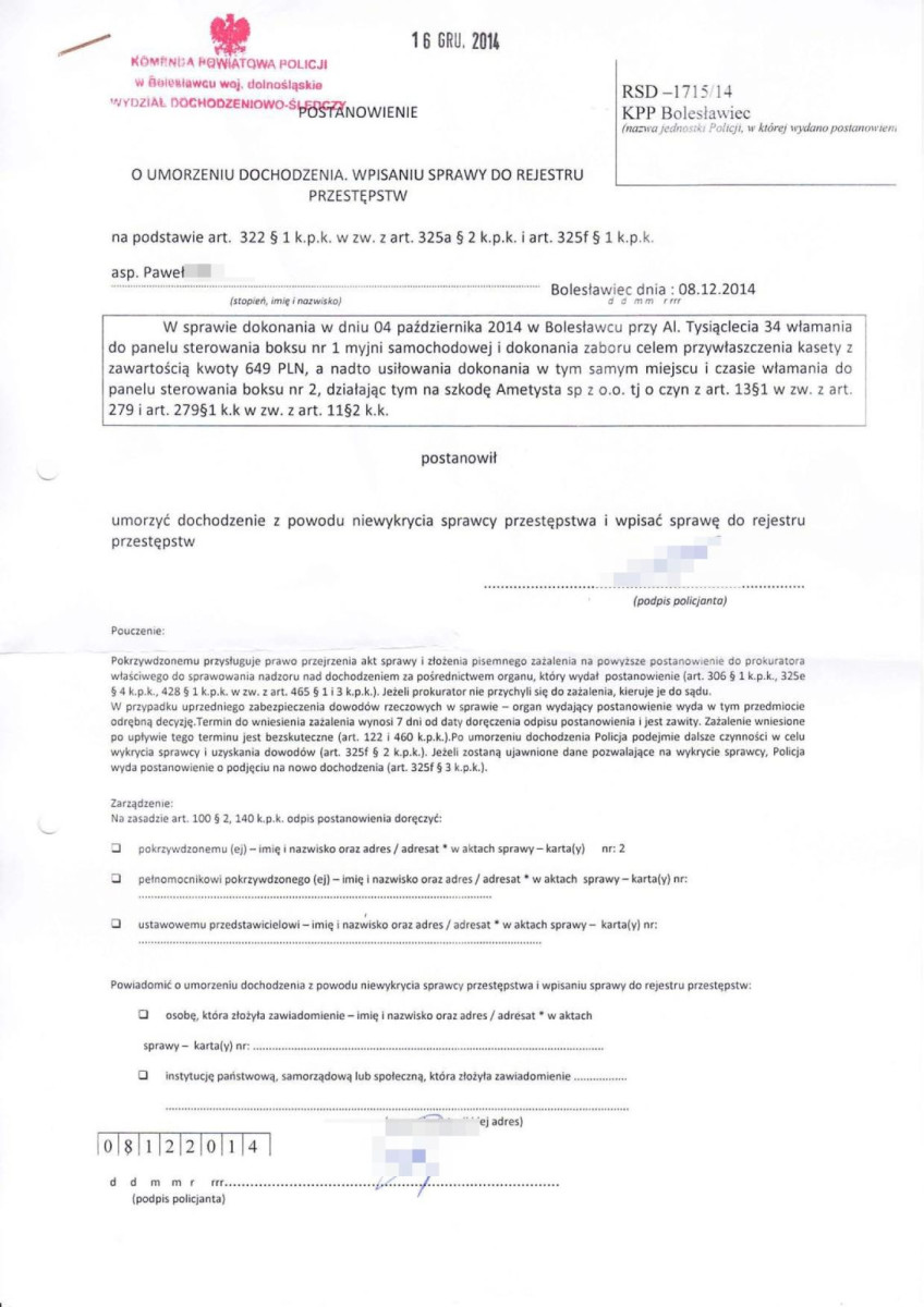 Dokument dotyczący kradzieży