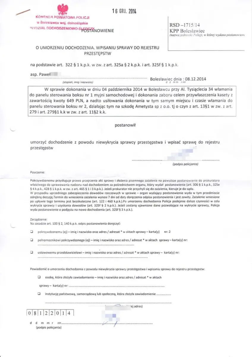 Dokument dotyczący kradzieży