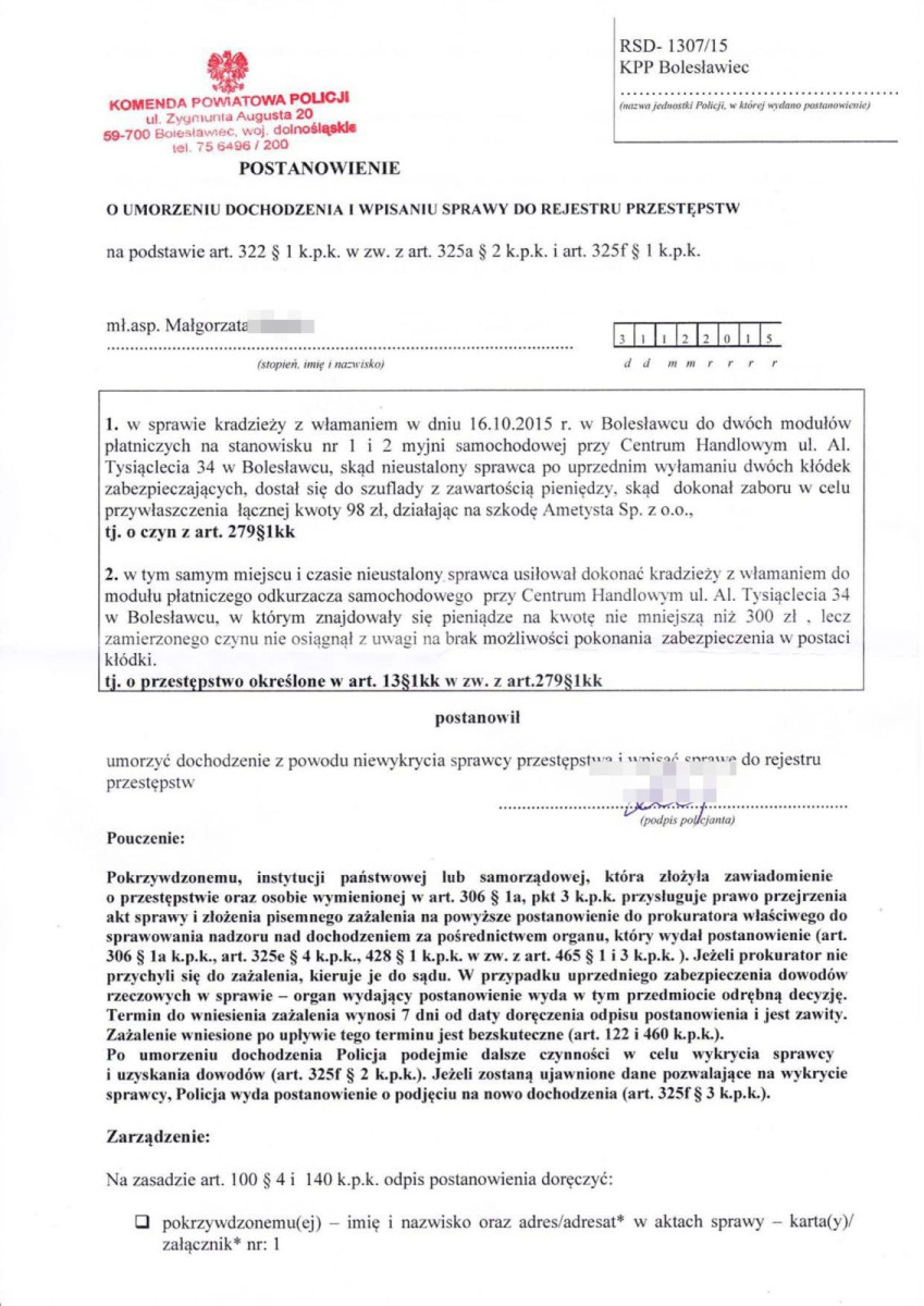 Dokument dotyczący kradzieży