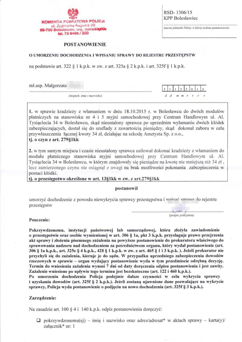 Dokument dotyczący kradzieży