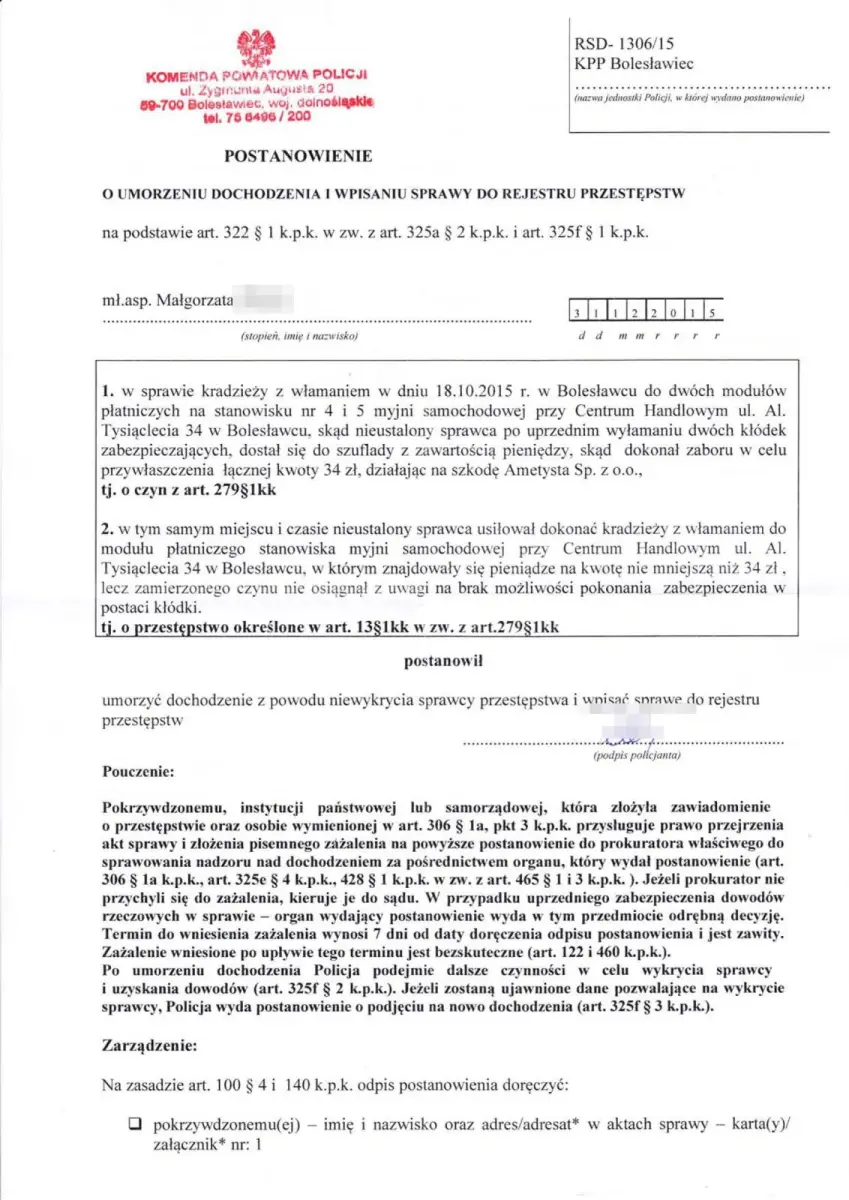 Dokument dotyczący kradzieży