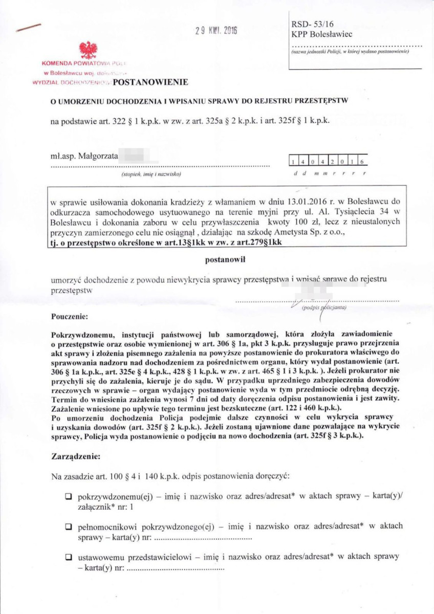 Dokument dotyczący kradzieży