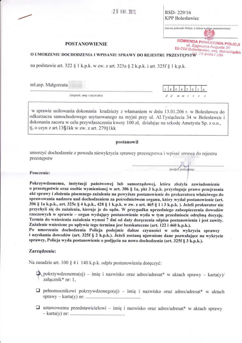 Dokument dotyczący kradzieży