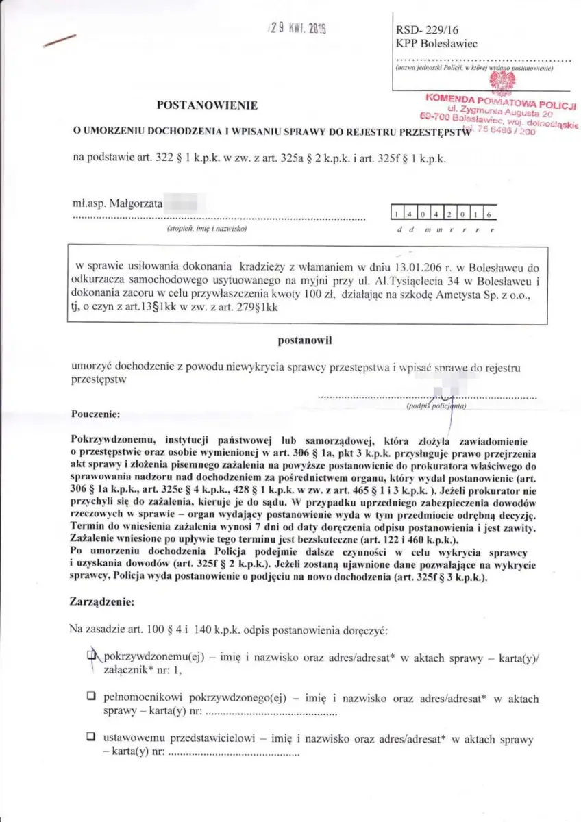 Dokument dotyczący kradzieży