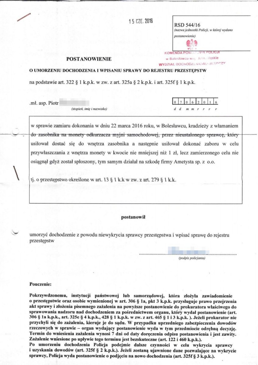 Dokument dotyczący kradzieży