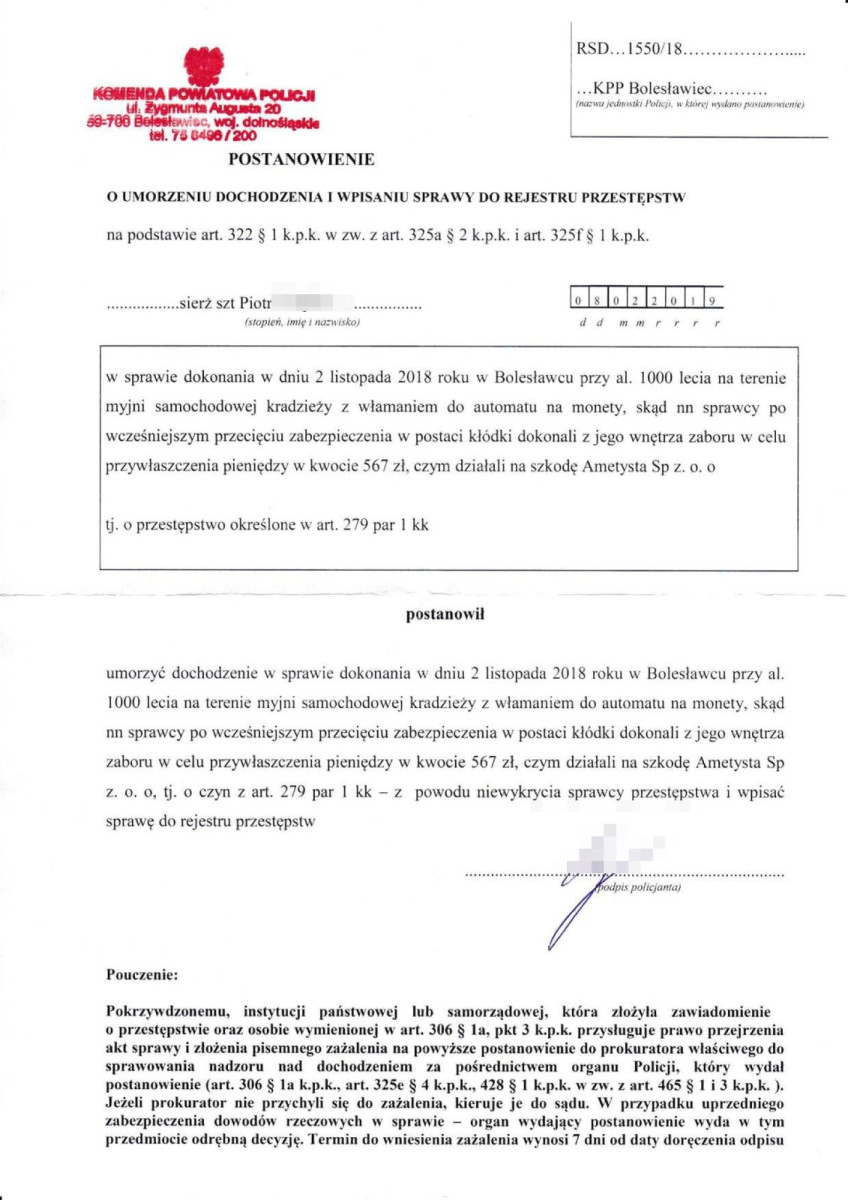 Dokument dotyczący kradzieży