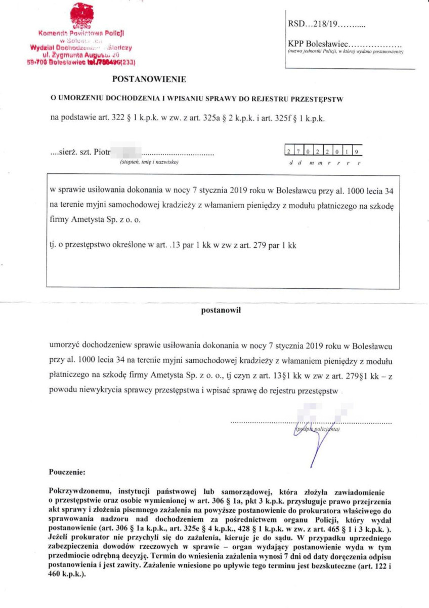 Dokument dotyczący kradzieży