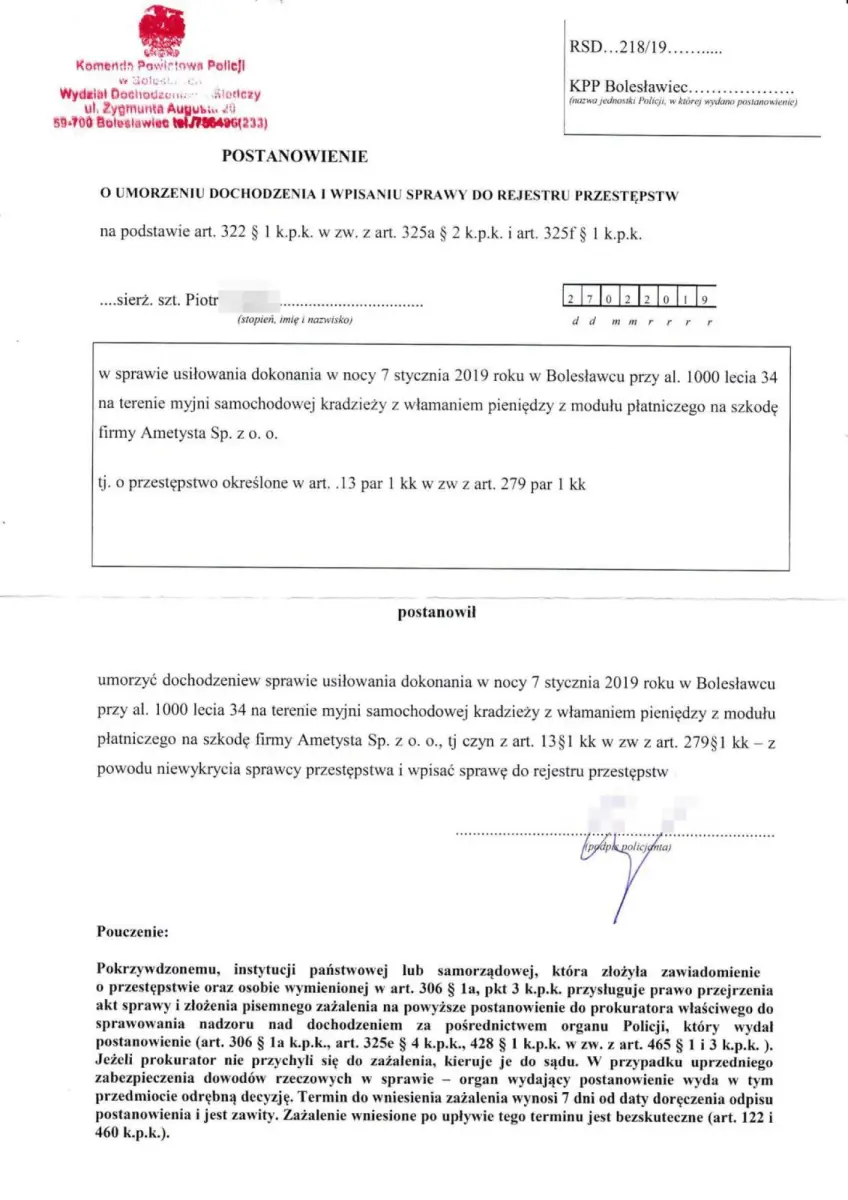 Dokument dotyczący kradzieży