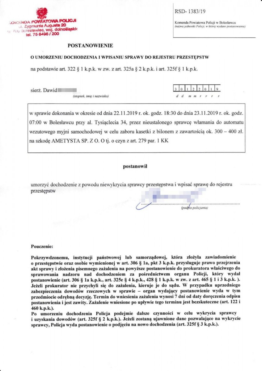 Dokument dotyczący kradzieży