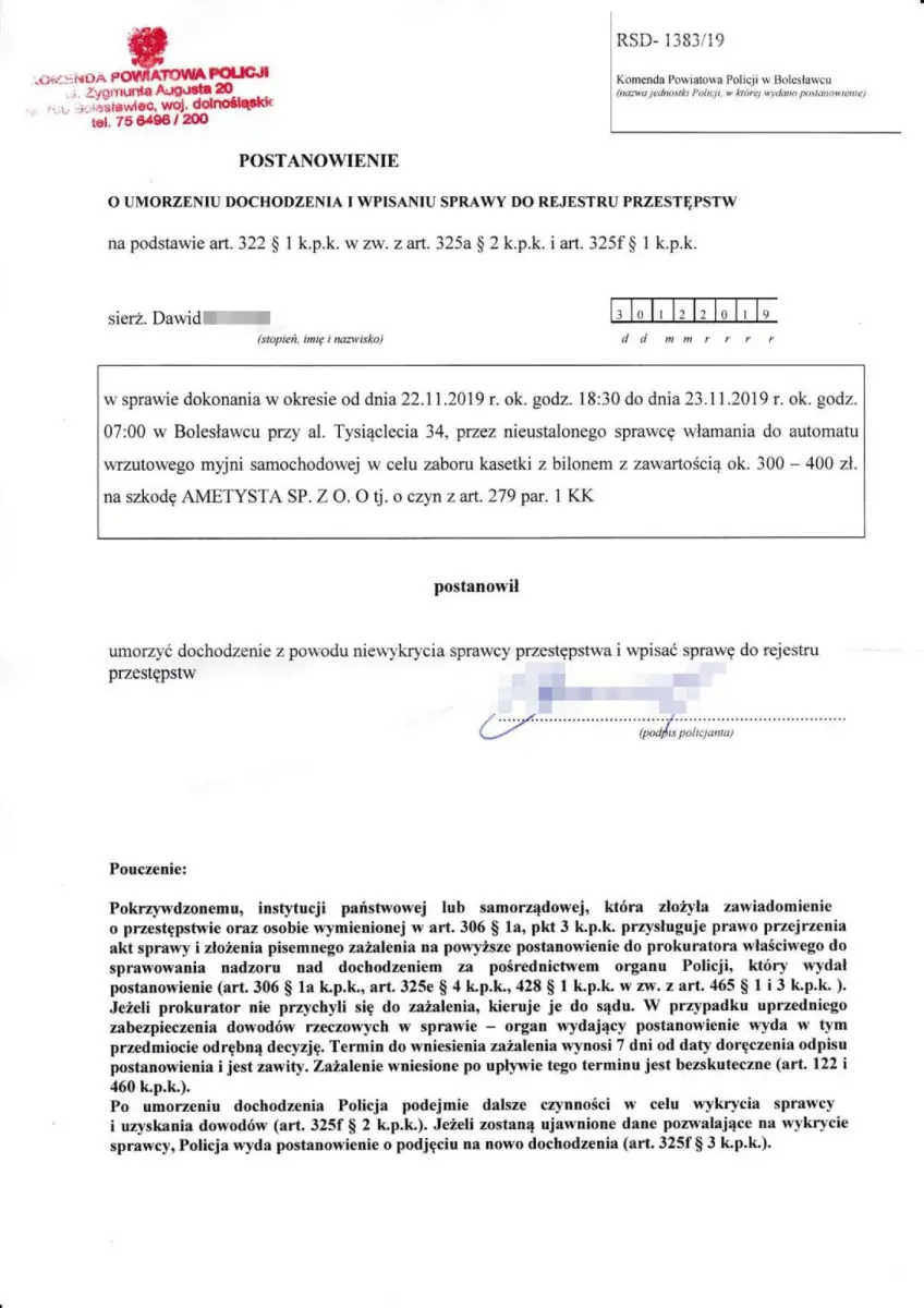 Dokument dotyczący kradzieży