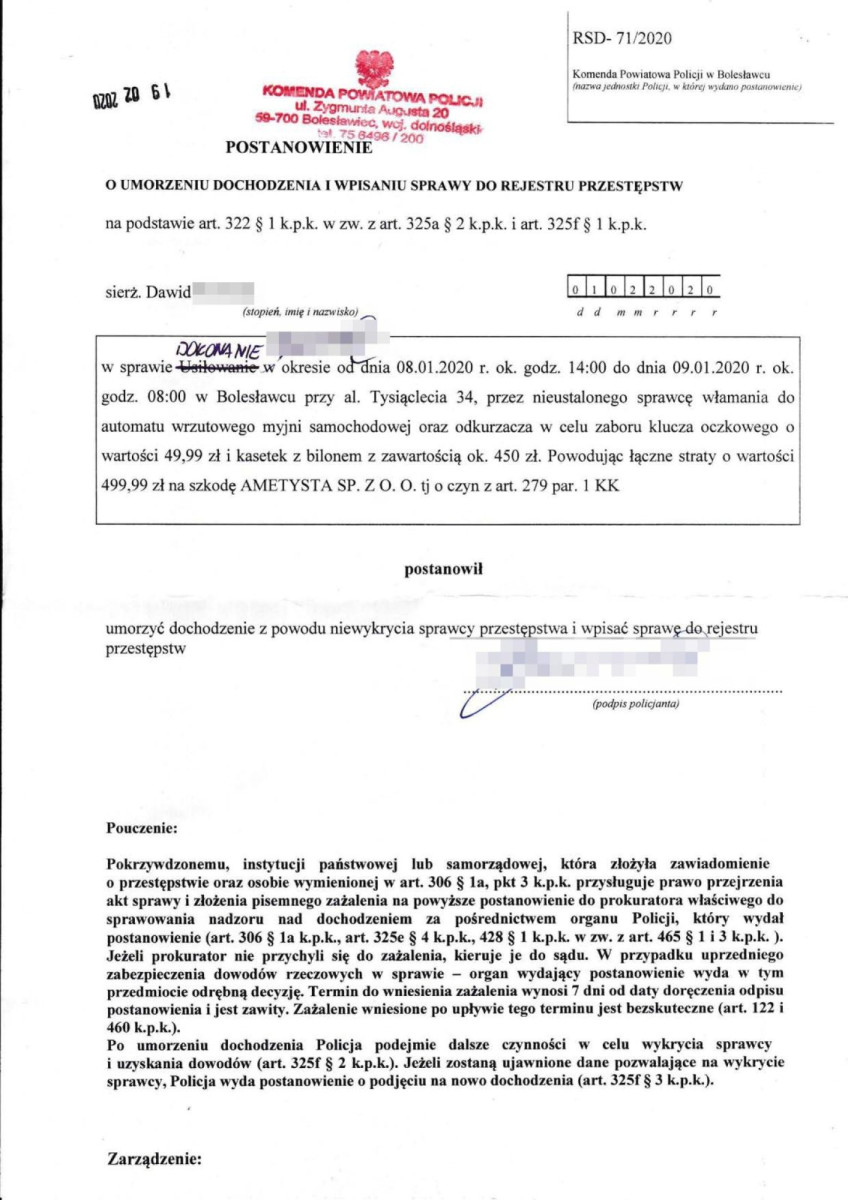 Dokument dotyczący kradzieży