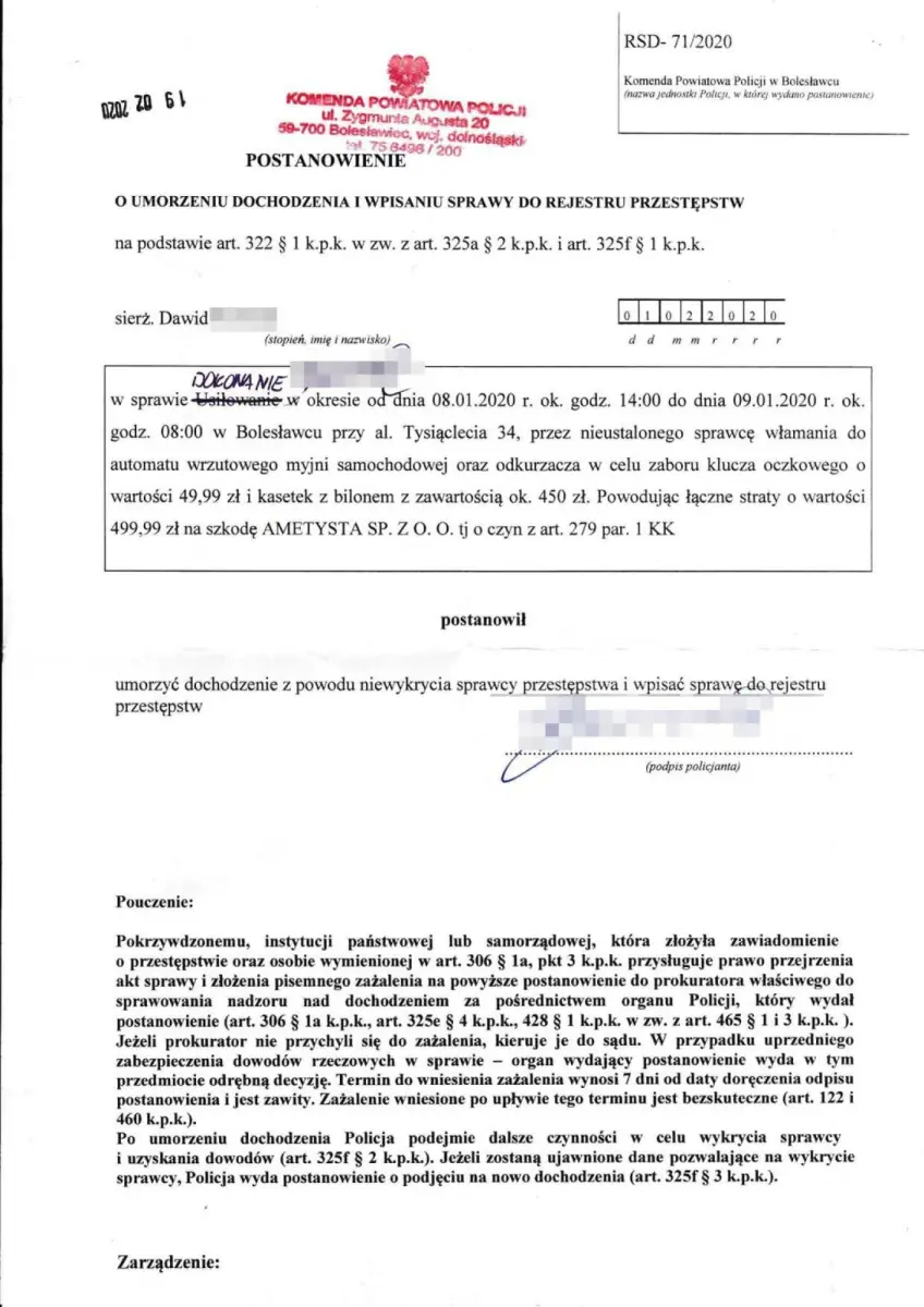 Dokument dotyczący kradzieży