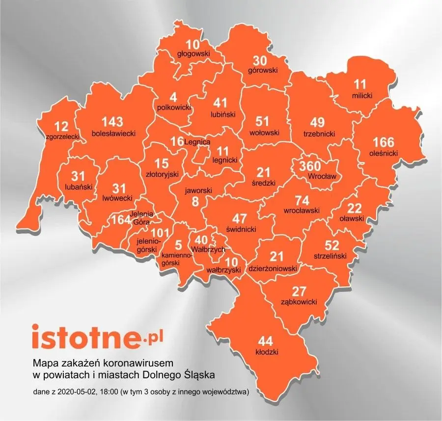 Mapa zakażeń koronawirusem na Dolnym Śląsku, 2 maja 2020 r.