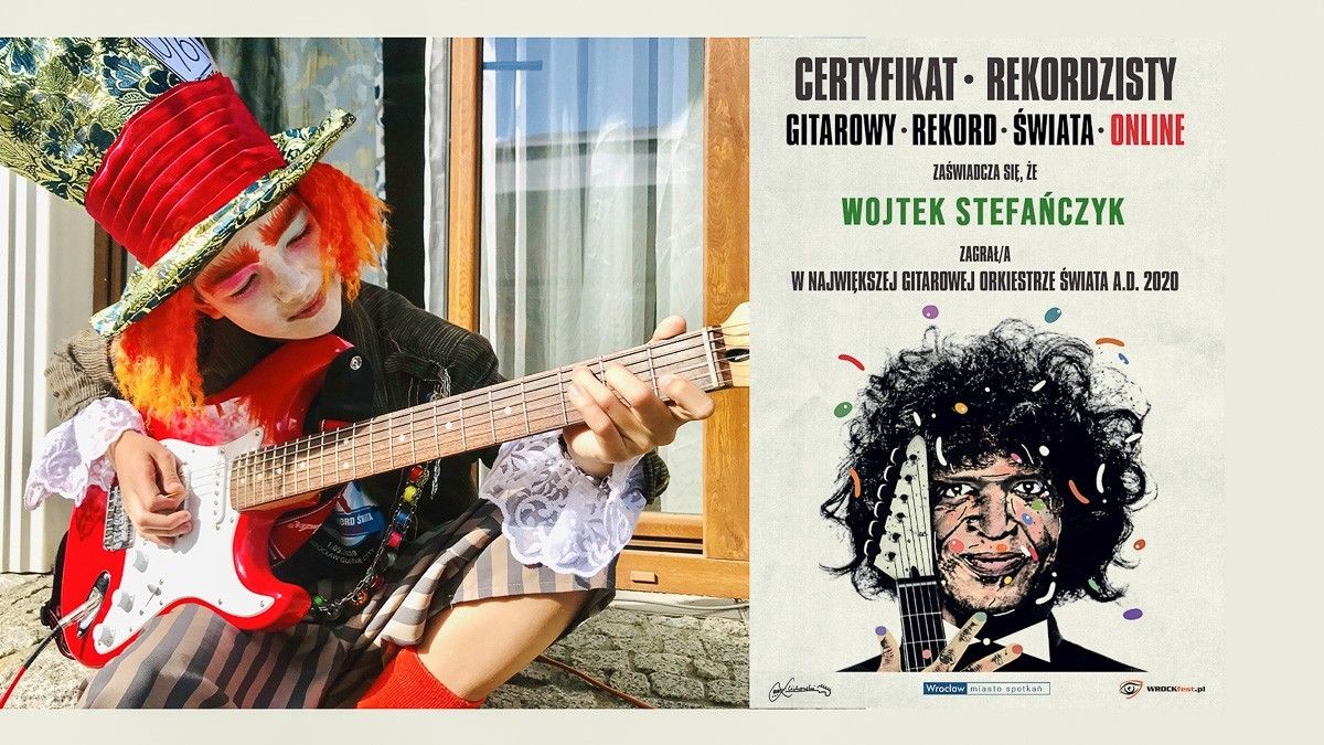 Wojtek „Szalony Kapelusznik” Stefańczyk z Bolesławca, laureat głównej nagrody w konkursie na przebranie w ramach Gitarowego Rekordu Guinnessa 2020