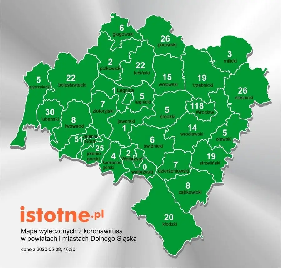 Mapa wyleczonych z koronawirusa na Dolnym Śląsku, 8 maja 2020 r.