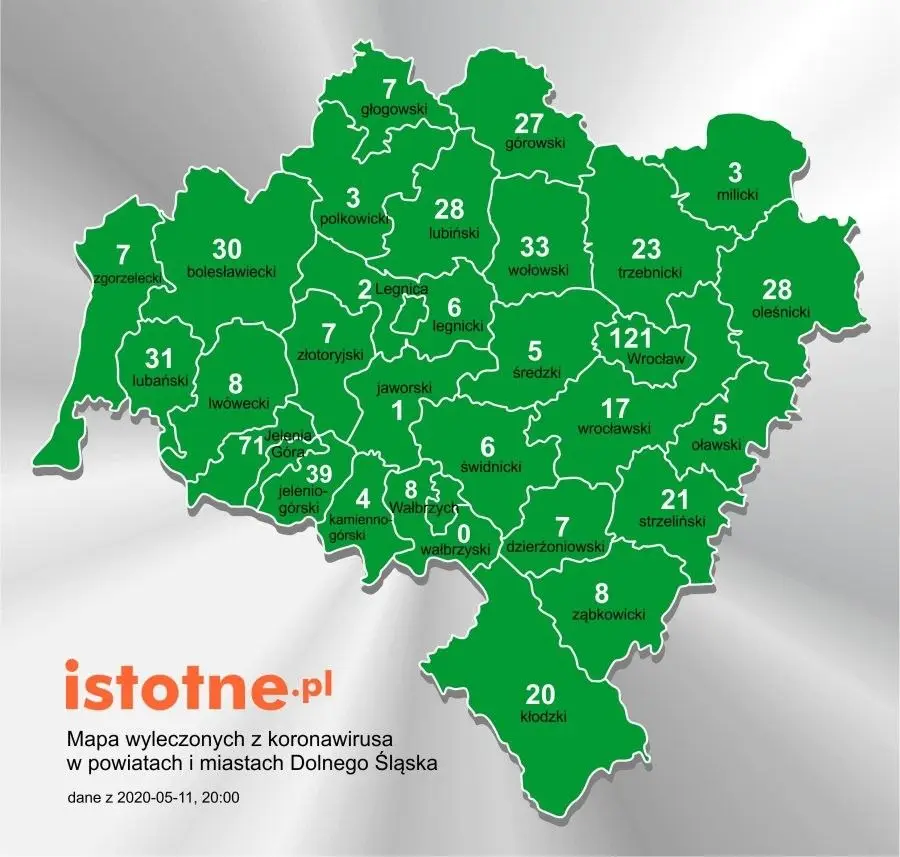 Mapa wyleczonych z koronawirusa na Dolnym Śląsku, 11 maja 2020 r.