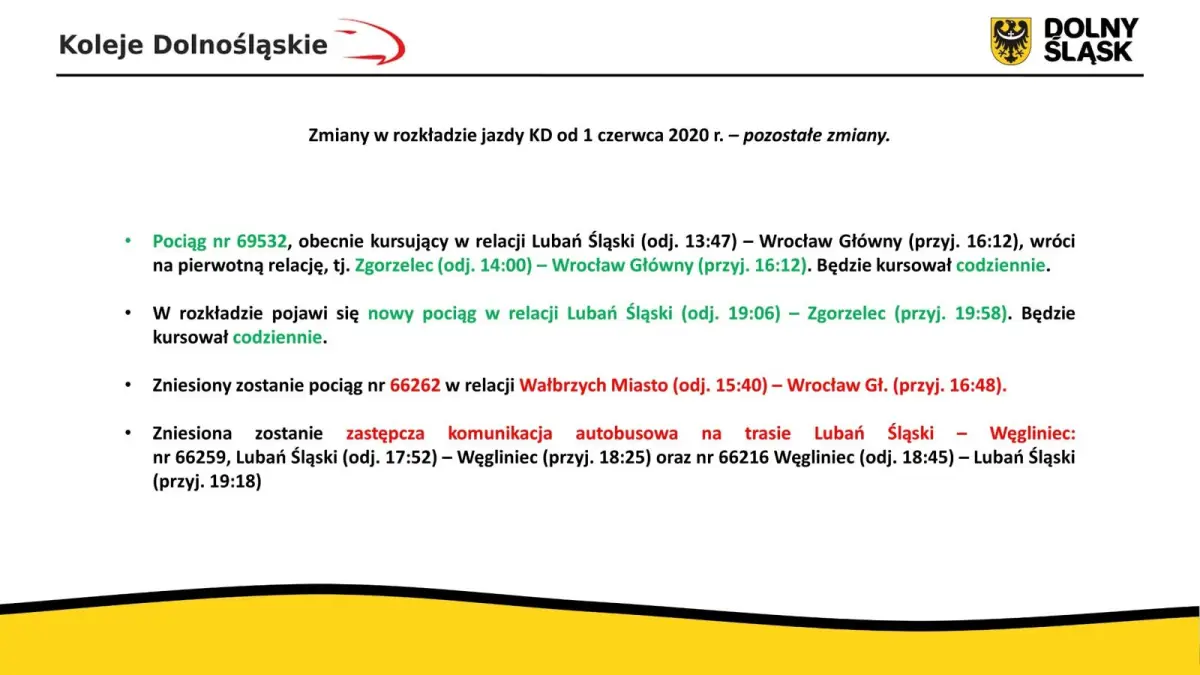 Зміни в розкладі руху Koleje Dolnośląskie з 1 червня
