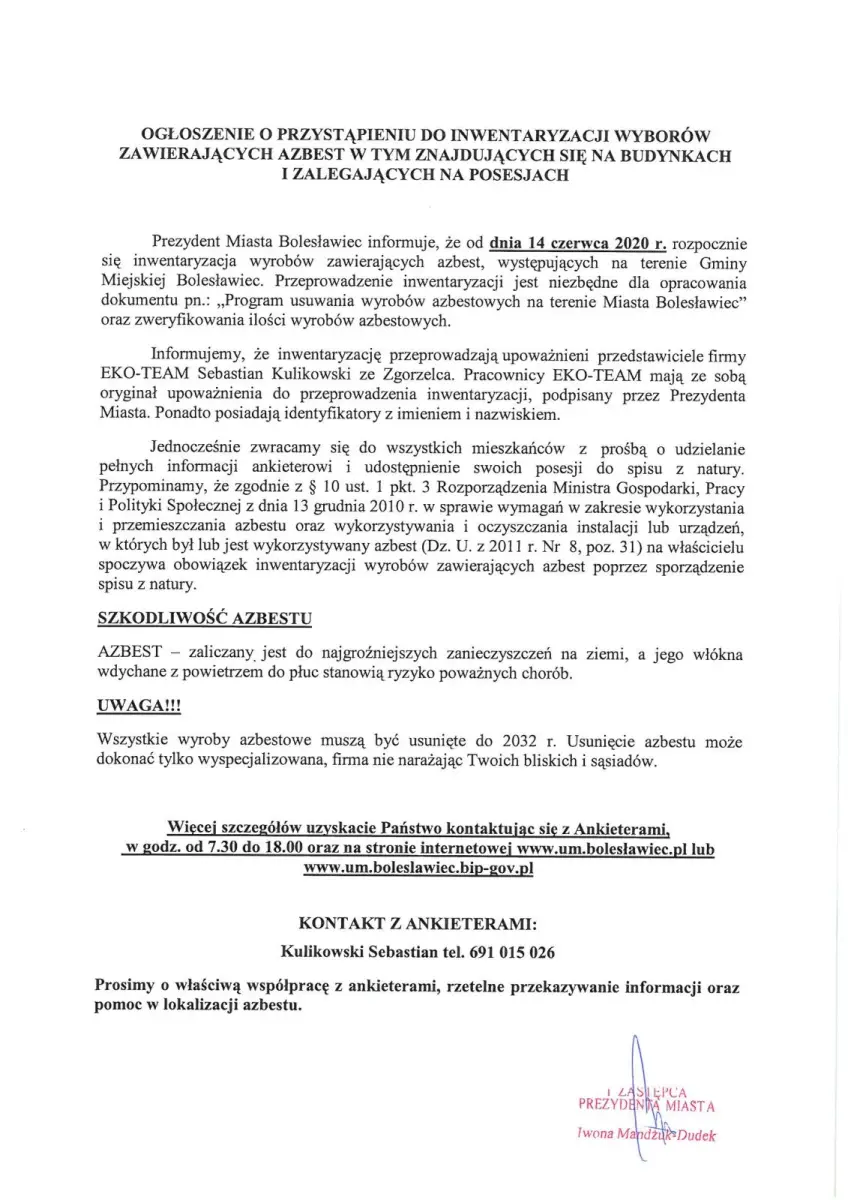Pismo wiceprezydent Bolesławca Iwony Mandżuk-Dudek