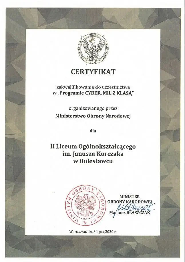 II Liceum Ogólnokształcące z certyfikatem „CYBER.MIL z klasą”