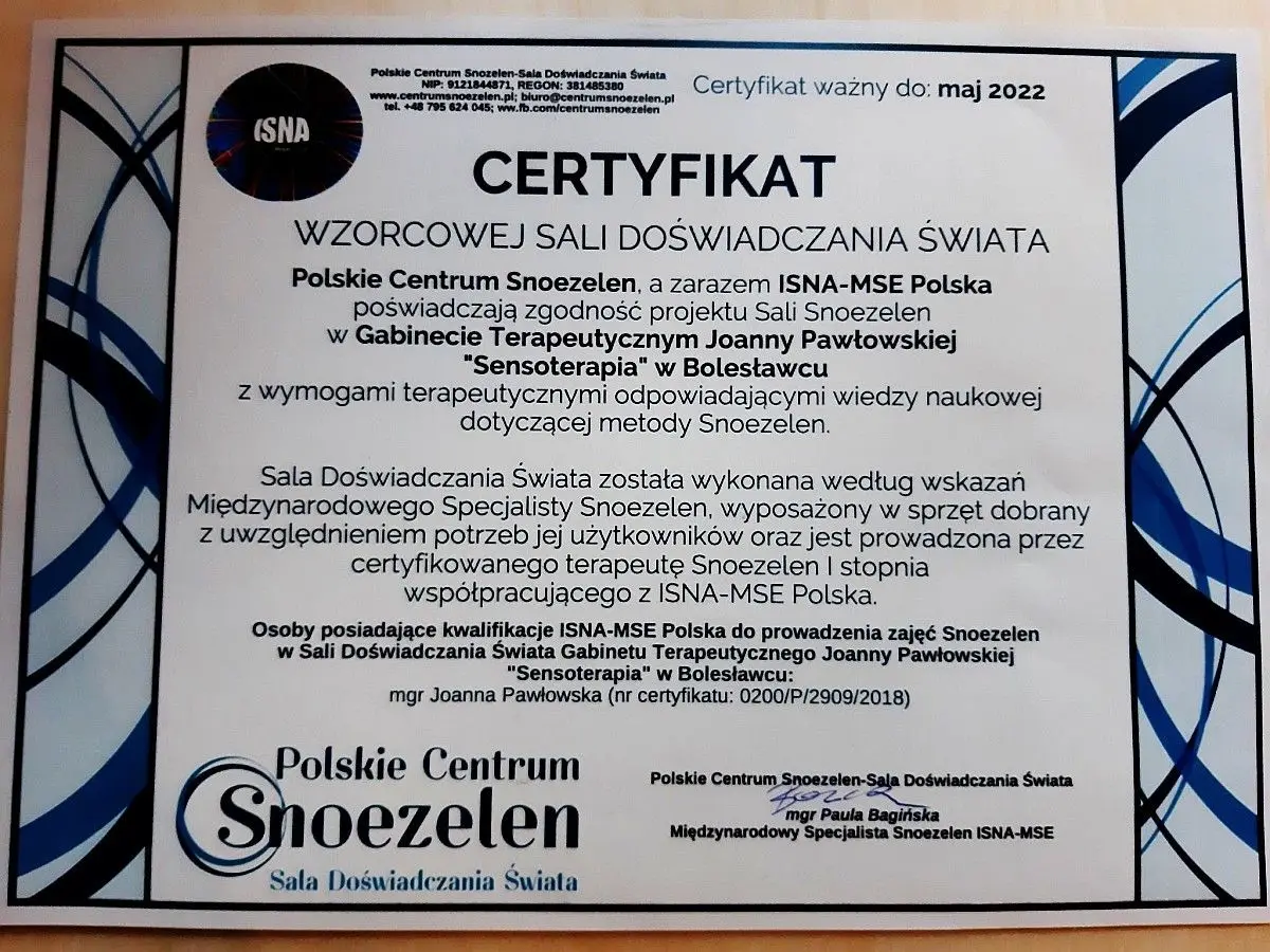 Certyfikat Wzorcowej Sali Doświadczania Świata