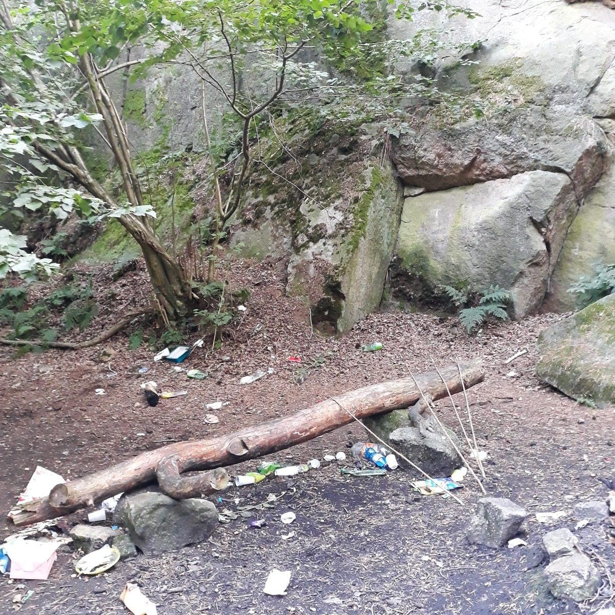 Bałagan przy tzw. skałkach w Łaziskach (gmina Bolesławiec)