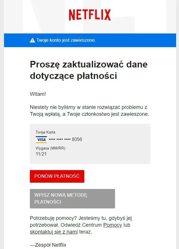 Tak wygląda fałszywy e-mail związany z próbą wyłudzenia danych logowania oraz danych karty płatniczej