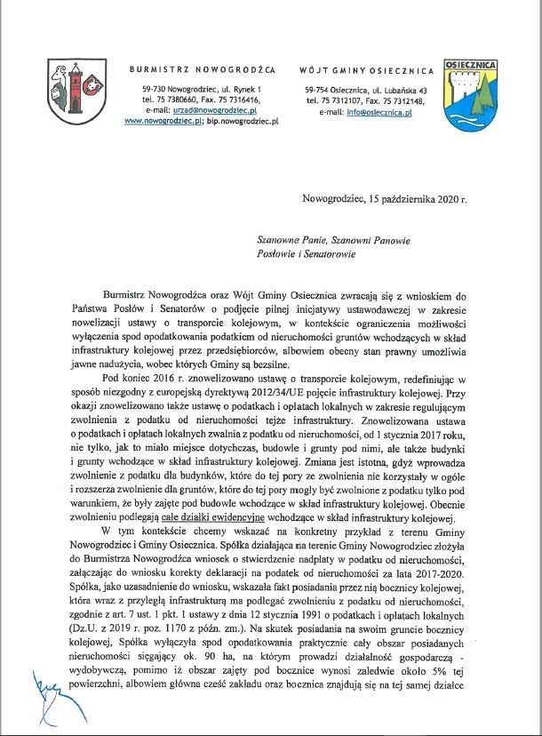Pismo wójta Gminy Osiecznica Waldemara Nalazka i burmistrza Gminy Nowogrodziec Roberta Relicha