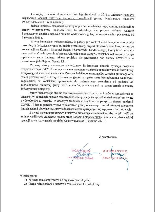 Pismo wójta Gminy Osiecznica Waldemara Nalazka i burmistrza Gminy Nowogrodziec Roberta Relicha