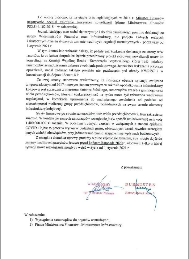 Pismo wójta Gminy Osiecznica Waldemara Nalazka i burmistrza Gminy Nowogrodziec Roberta Relicha