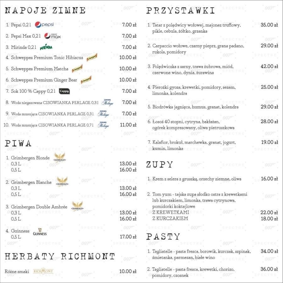 Menu Restauracji Spectre Bolesławiec
