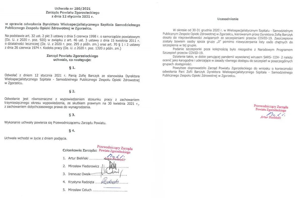 Uchwała o odwołaniu Zofii Barczyk z funkcji dyrektorki zgorzeleckiego szpitala