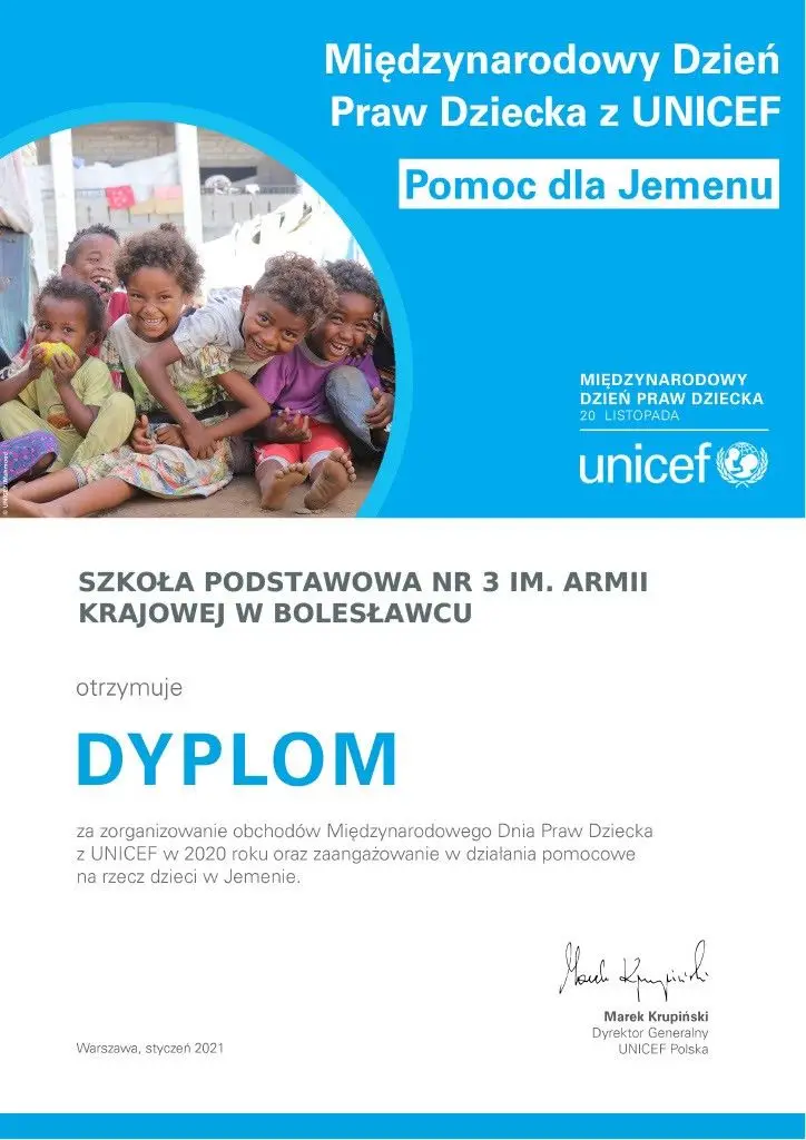 Dyplom UNICEF dla Szkoły Podstawowej nr 3