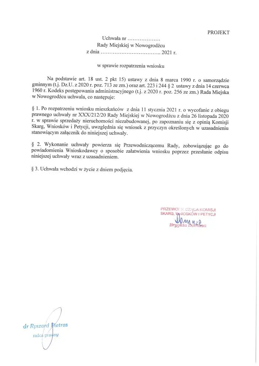 Projekt uchwały Rady Miejskiej w Nowogrodźcu